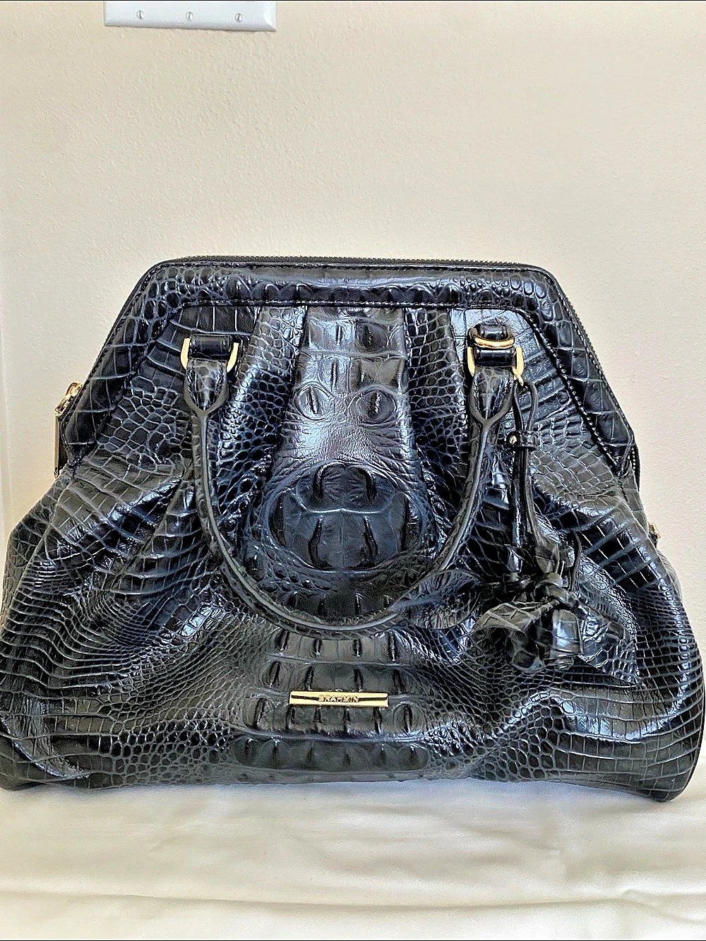 Brahmin Audrey Rose Satchel Crocodile-Embossed Black